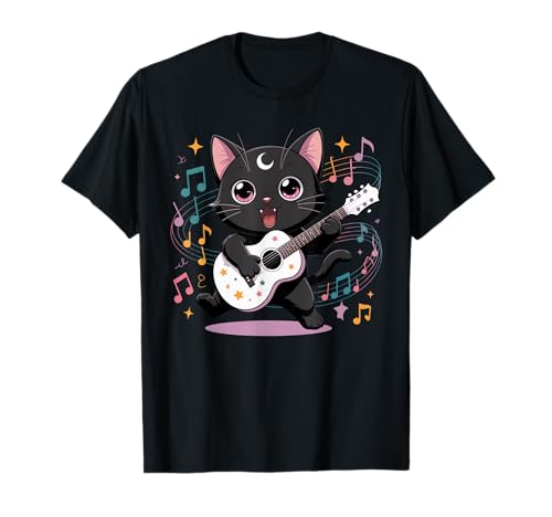 Schwarze Katze Gitarre Rock Kawaii Goth Mädchen Kleidung Pink Goth T-Shirt von Pastel Goth Clothing Goth Accessories For Women