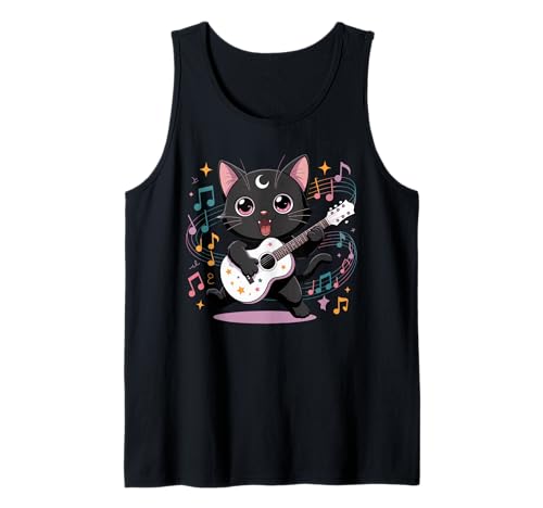 Schwarze Katze Gitarre Rock Kawaii Goth Mädchen Kleidung Pink Goth Tank Top von Pastel Goth Clothing Goth Accessories For Women