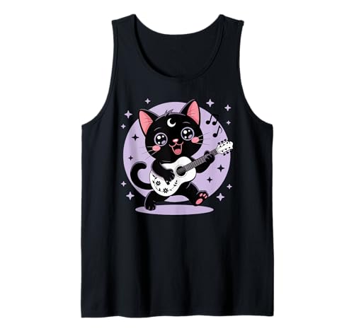 Schwarze Katze Gitarre Rock Kawaii Goth Mädchen Kleidung Pink Goth Tank Top von Pastel Goth Clothing Goth Accessories For Women