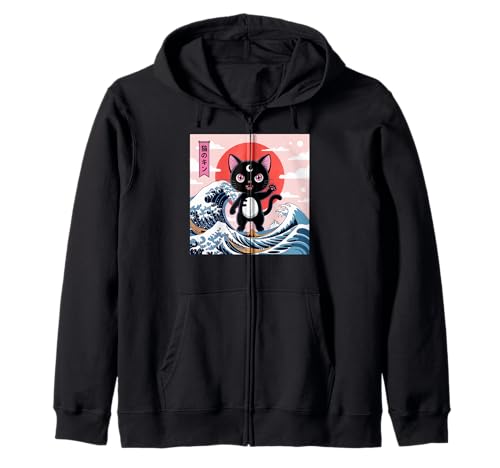 Schwarze Katze Japanische Kunst Kawaii Goth Mädchen Kleidung Pink Goth Kapuzenjacke von Pastel Goth Clothing Goth Accessories For Women