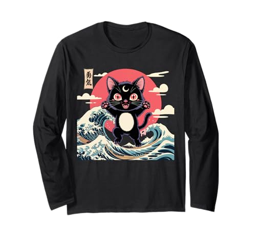 Schwarze Katze Japanische Kunst Kawaii Goth Mädchen Kleidung Pink Goth Langarmshirt von Pastel Goth Clothing Goth Accessories For Women