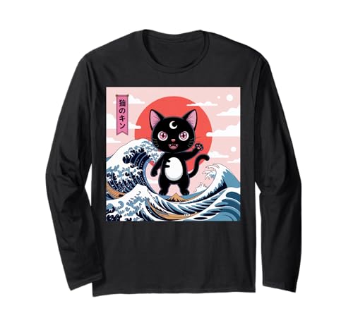 Schwarze Katze Japanische Kunst Kawaii Goth Mädchen Kleidung Pink Goth Langarmshirt von Pastel Goth Clothing Goth Accessories For Women