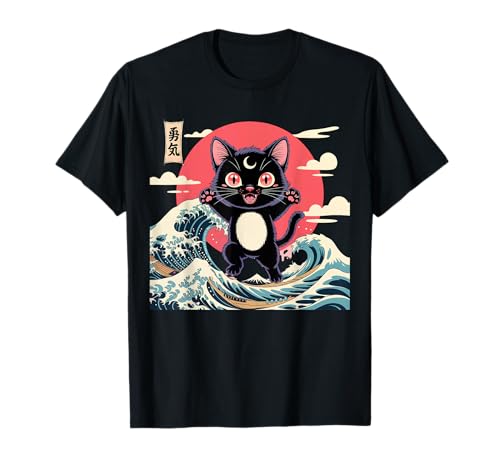 Schwarze Katze Japanische Kunst Kawaii Goth Mädchen Kleidung Pink Goth T-Shirt von Pastel Goth Clothing Goth Accessories For Women