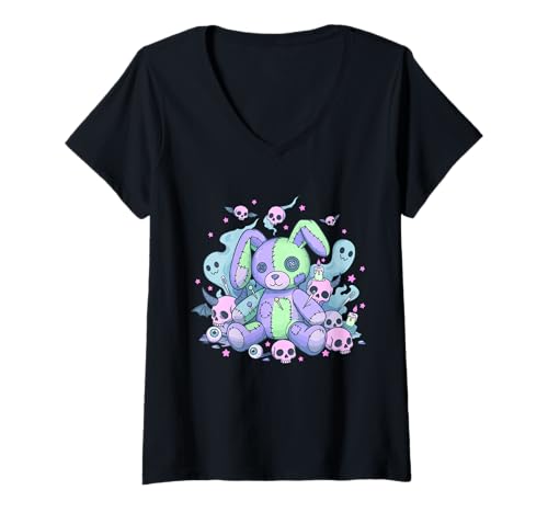 Damen Gotische Pastell Häschenpuppe Spukig Gruselig Voodoo T-Shirt mit V-Ausschnitt Damen Gotische Pastell Häschenpuppe Spukig Gruselig Voodoo T-Shirt mit V-Ausschnitt von Pastel Goth Haunts