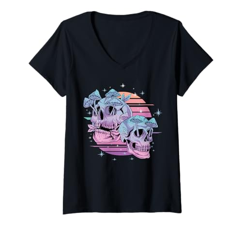 Damen Pastel Goth Skull Mushroom Vaporwave Pagan Aesthetic Nu Goth T-Shirt mit V-Ausschnitt von Pastel Goth Ideas