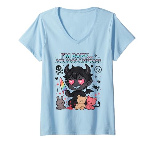 Damen I'm Baby And Also A Menace Queer Cute Demon Pride T-Shirt mit V-Ausschnitt Damen I'm Baby And Also A Menace Queer Cute Demon Pride T-Shirt mit V-Ausschnitt von Pastel Goth LGBTQ Funny Chaos Demoncore Apparel