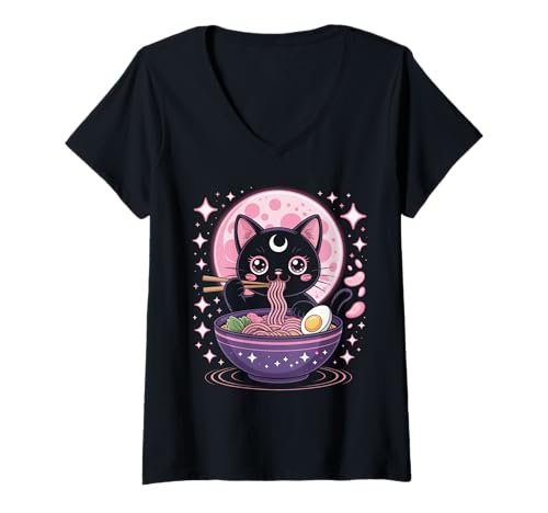 Damen Pastell Goth Kleidung Schwarze Katze Essen Ramen Goth Mädchen Kleidung T-Shirt mit V-Ausschnitt von Pastel Goth Shirts For Women Pastel Goth Clothes