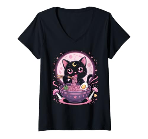Damen Pastell Goth Kleidung Schwarze Katze Essen Ramen Goth Mädchen Kleidung T-Shirt mit V-Ausschnitt von Pastel Goth Shirts For Women Pastel Goth Clothes