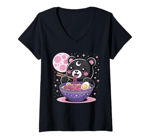 Damen Pastell Gothic Kleidung Bär Essen Ramen Goth Mädchen Kleidung T-Shirt mit V-Ausschnitt von Pastel Goth Shirts For Women Pastel Goth Clothes