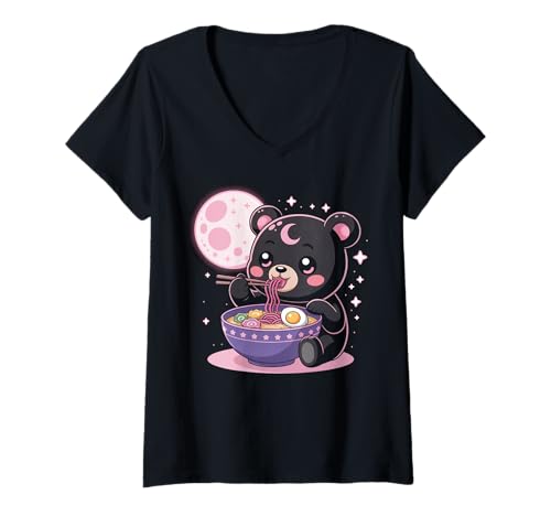 Damen Pastell Gothic Kleidung Bär Essen Ramen Goth Mädchen Kleidung T-Shirt mit V-Ausschnitt von Pastel Goth Shirts For Women Pastel Goth Clothes