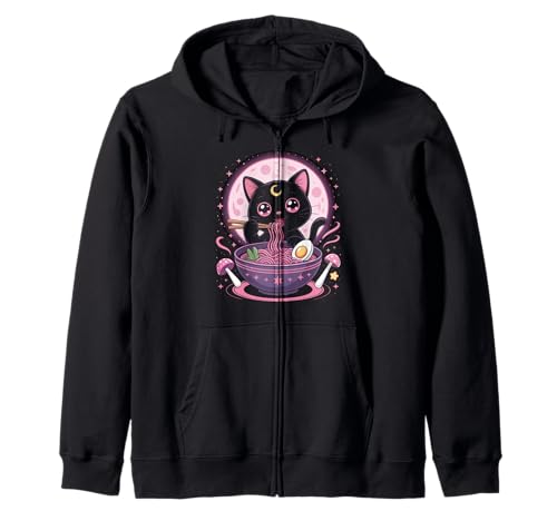 Pastell Goth Kleidung Schwarze Katze Essen Ramen Goth Mädchen Kleidung Kapuzenjacke von Pastel Goth Shirts For Women Pastel Goth Clothes