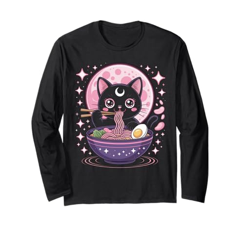 Pastell Goth Kleidung Schwarze Katze Essen Ramen Goth Mädchen Kleidung Langarmshirt von Pastel Goth Shirts For Women Pastel Goth Clothes