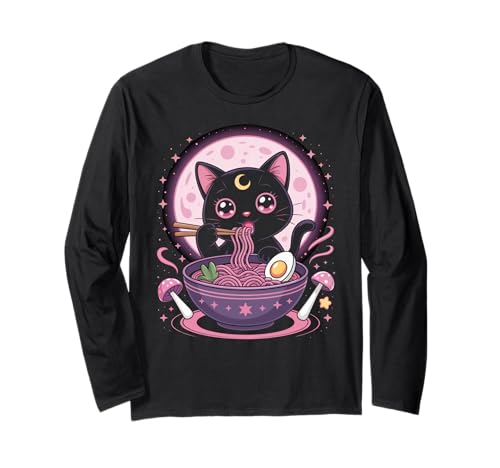 Pastell Goth Kleidung Schwarze Katze Essen Ramen Goth Mädchen Kleidung Langarmshirt von Pastel Goth Shirts For Women Pastel Goth Clothes