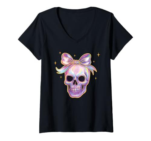 Damen Pastell-Galaxie-Totenkopf mit Schleife, Halloween, ästhetisch, Gothic, niedlich T-Shirt mit V-Ausschnitt von Pastel Goth Spooky Cute Halloween Aesthetic Wear