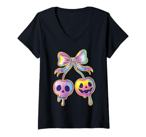 Damen Pastell Halloween Schädel und Kürbis tropfende Süßigkeiten Schleife gruselig T-Shirt mit V-Ausschnitt von Pastel Goth Spooky Cute Halloween Aesthetic Wear