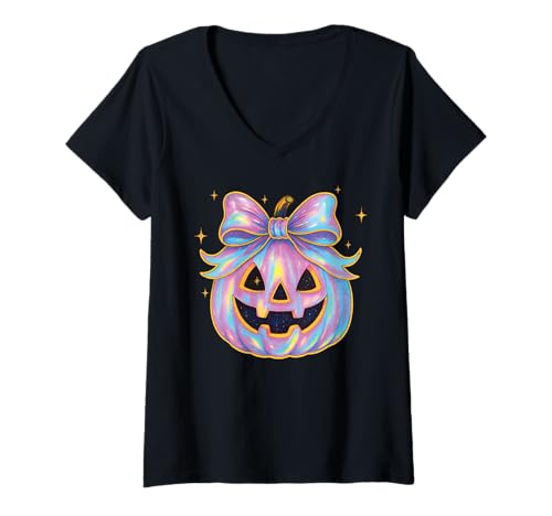 Damen Süßes pastellfarbenes Halloween-Kürbisgesicht mit Schleife und Sternen, gruselig T-Shirt mit V-Ausschnitt von Pastel Goth Spooky Cute Halloween Aesthetic Wear