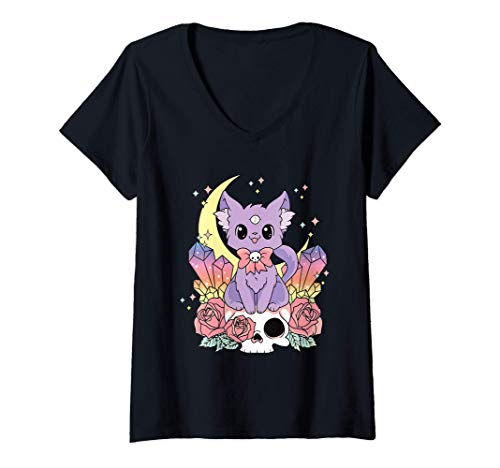 Damen Pastel Goth Cat Girl T-Shirt mit V-Ausschnitt von Pastel Goth by - Sugar Kai