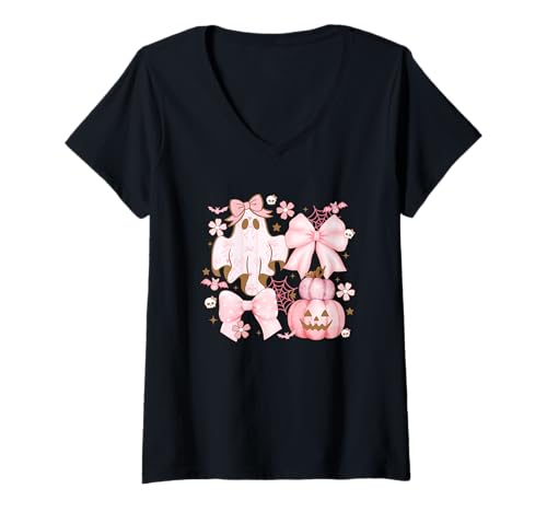 Damen Niedliche pastellfarbene Geister-Kürbis-Halloween-Schleifen T-Shirt mit V-Ausschnitt Damen Niedliche pastellfarbene Geister-Kürbis-Halloween-Schleifen T-Shirt mit V-Ausschnitt von Pastel Halloween Ghost Pumpkin Bows