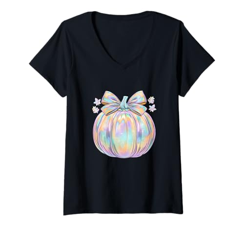 Damen Halloween Pastell Kürbis & Schleife Herbstblätter T-Shirt mit V-Ausschnitt von Pastel Halloween Pumpkin