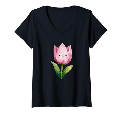 Damen Pastell Happy Tulip Funny Fun Flower T-Shirt mit V-Ausschnitt von Pastel Happy Tulip Funny Fun Flower
