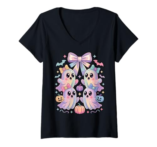 Damen Pastel Halloween Ghost Family with Bows and Bats T-Shirt mit V-Ausschnitt Damen Pastel Halloween Ghost Family with Bows and Bats T-Shirt mit V-Ausschnitt von Pastel Haunt Ghost Coquette Spooky