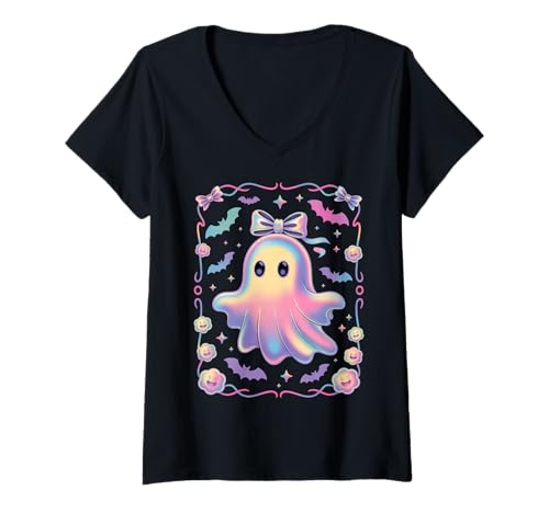 Damen Preppy Halloween Ghost Cute Boo Ghost Coquette Spooky Girly T-Shirt mit V-Ausschnitt Damen Preppy Halloween Ghost Cute Boo Ghost Coquette Spooky Girly T-Shirt mit V-Ausschnitt von Pastel Haunt Ghost Coquette Spooky