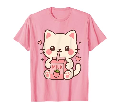 Kawaii Katze Erdbeermilch Japanisch niedlich Anime Mädchen Teens T-Shirt von Pastel Kawaii Cat Milk Lover Cute Aesthetic Anime