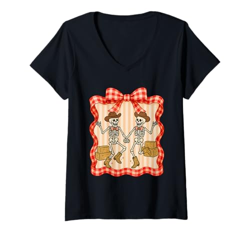 Damen Cowboy-Skelette tanzend in rotem Gingham-Rahmen T-Shirt mit V-Ausschnitt Damen Cowboy-Skelette tanzend in rotem Gingham-Rahmen T-Shirt mit V-Ausschnitt von Pastel Panic Co.