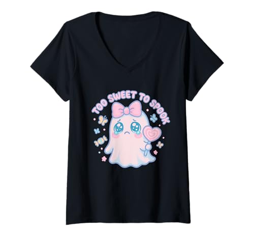 Damen Too Sweet to Spook Süßer Pastell-Halloween-Geist T-Shirt mit V-Ausschnitt Damen Too Sweet to Spook Süßer Pastell-Halloween-Geist T-Shirt mit V-Ausschnitt von Pastel Spooky Vibes Co.