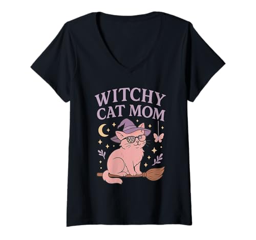 Damen Witchy Cat Mom Süße okkulte ästhetische Halloween-Vibes T-Shirt mit V-Ausschnitt von Pastel Witchcore Magic Cat Lover Spooky Season Fun