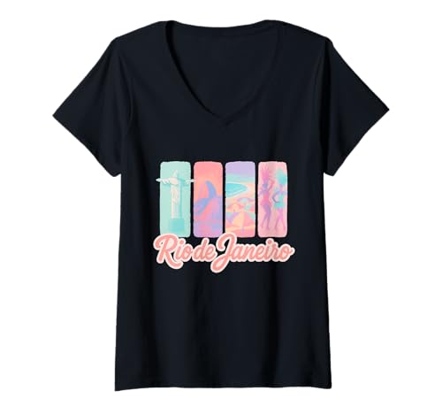Damen Rio de Janeiro Pastell Pinselstrich Sehenswürdigkeiten Reisekunst T-Shirt mit V-Ausschnitt von Pastel World City Collection