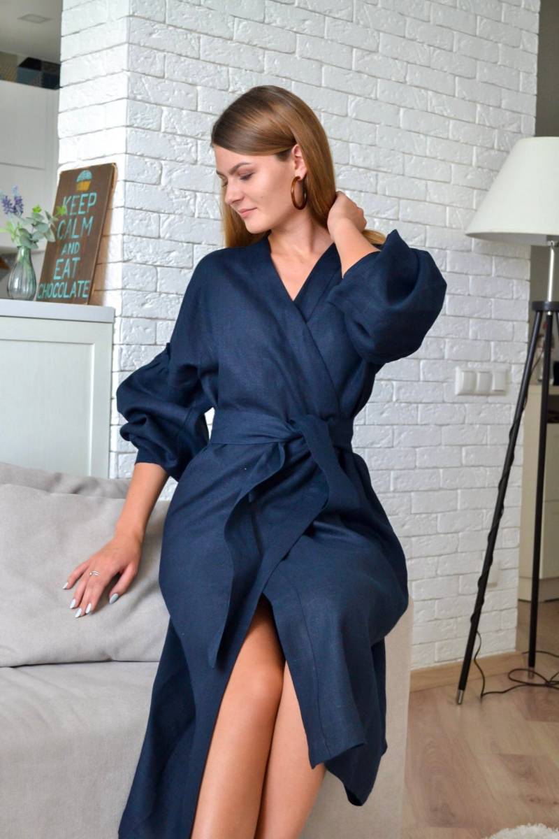 Navy Wickelkleid Dunkelblaues Kleid Frauen Wickelkleid Leinen Schürzenkleid Knielanges Leinenkleid Langarmkleider Für von PastelLinen