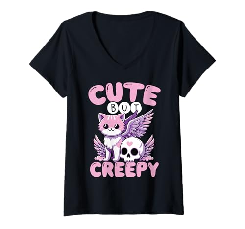 Damen Niedliche, Aber Gruselige Pastellfarbene Goth-flügelkatze T-Shirt mit V-Ausschnitt Damen Niedliche, Aber Gruselige Pastellfarbene Goth-flügelkatze T-Shirt mit V-Ausschnitt von Pastell Goth Ästhetik Creepy Cute Emo Kawaii Stil