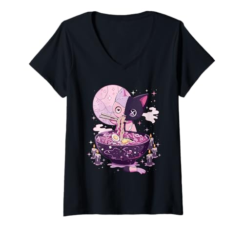 Damen Kawaii Pastell Goth Zombie Flickwerk Katze Isst Ramen T-Shirt mit V-Ausschnitt Damen Kawaii Pastell Goth Zombie Flickwerk Katze Isst Ramen T-Shirt mit V-Ausschnitt von Pastell Goth Ästhetik Gruselige Katze Anime