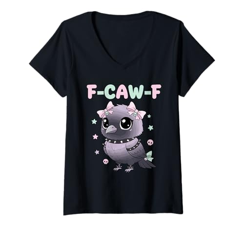 Damen Kawaii Pastell Goth Schwarze Krähe F-Caw-F Lustiger Humor T-Shirt mit V-Ausschnitt Damen Kawaii Pastell Goth Schwarze Krähe F-Caw-F Lustiger Humor T-Shirt mit V-Ausschnitt von Pastell Goth Ästhetik Krähe F-Caw-F Halloween