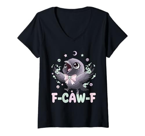 Damen Kawaii Pastell Goth Schwarze Krähe F-Caw-F Lustiger Humor T-Shirt mit V-Ausschnitt Damen Kawaii Pastell Goth Schwarze Krähe F-Caw-F Lustiger Humor T-Shirt mit V-Ausschnitt von Pastell Goth Ästhetik Krähe F-Caw-F Halloween