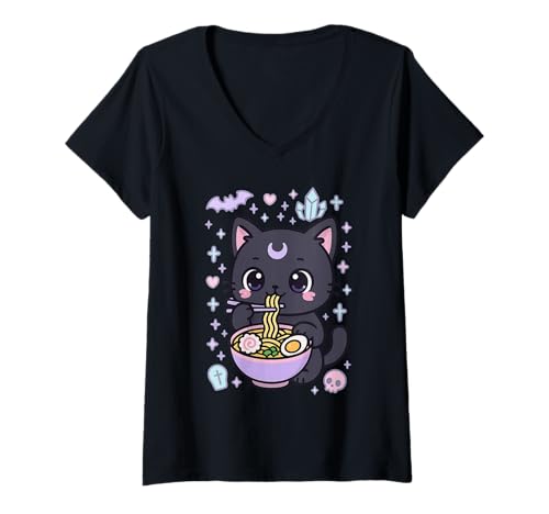 Damen Pastell Goth Kawaii gruselige Schwarze Katze isst Ramen T-Shirt mit V-Ausschnitt von Pastell Goth Shirts & Co.