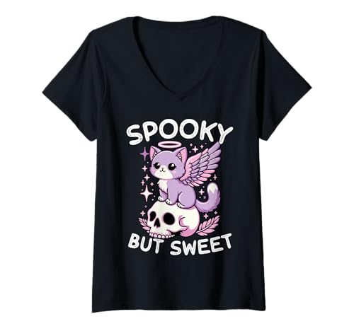 Damen Gruselig, Aber Süß, Niedliche Pastell-Goth-Katze T-Shirt mit V-Ausschnitt von Pastell-goth-ästhetik Creepy Cute Emo Kawaii Stil