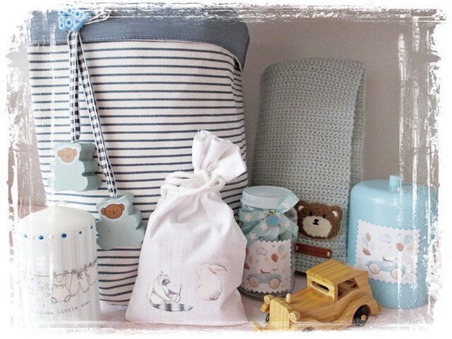 Zuckersüsses Babyshower - Set Teddy/7 Teilig Baby Babyparty Decke Utensilo Geschenkset Zur Geburt Geschenk Junge Boy von Pastellboutique