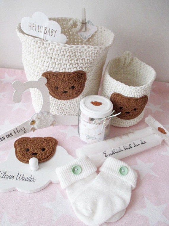 Zuckersüsses Babyshower - Set Teddy/7 Teilig Baby Babyparty Geschenkset Zur Geburt Geschenk Neutral von Pastellboutique