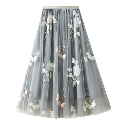 Tüllrock für Frauen, hohe Taillenstickrock, elastisches Band Loose Doppelschicht -Sommer -Damenröcke (grau, eine Größe) von Pastoralist