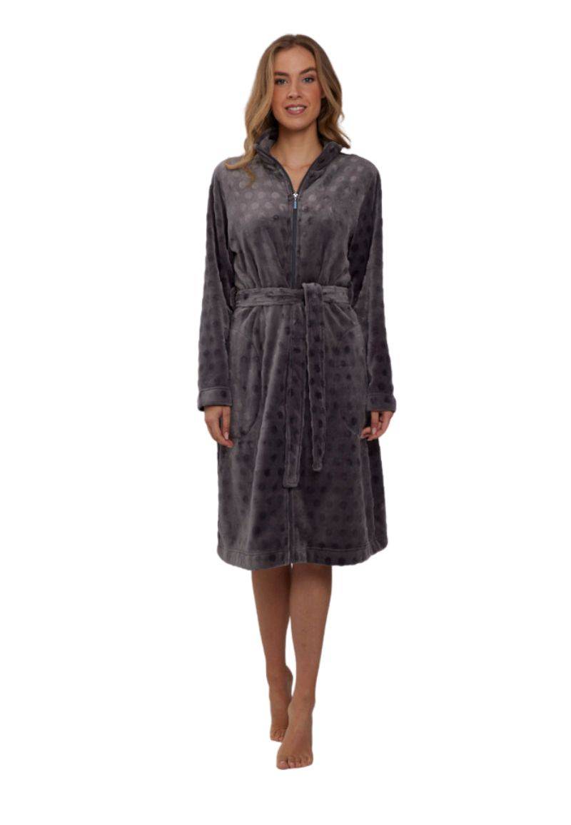 Grijze damesbadjas met rits - stippen reliëf - 100% fleece-(52-54) XXL von Pastunette