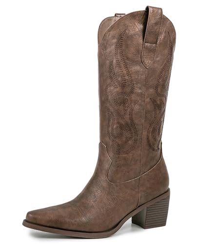 Pasuot Cowboy-Stiefel für Damen – Cowgirl-Westernstiefel mit Stickerei, spitzer Zehenbereich, Retro, klobiger Absatz, Schlupfschuh, modisch, klassisch, kurze Stiefel, Braun, 40 EU von Pasuot