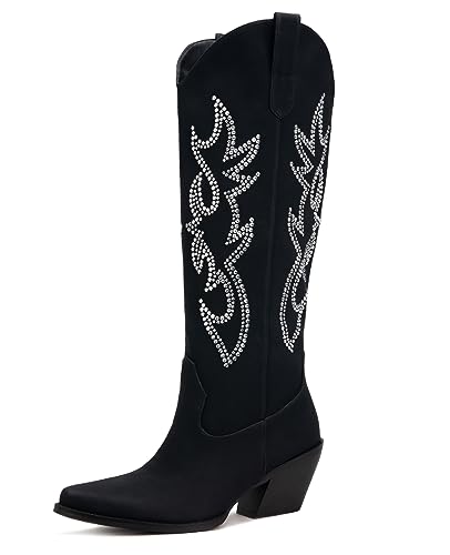 Pasuot Cowboy-Stiefel mit Strasssteinen für Damen – breite Waden, kniehohe Cowgirl-Stiefel mit seitlichem Reißverschluss und glitzernder Glitzer-Stickerei, Mandelzeh, Schwarz, 38 EU von Pasuot