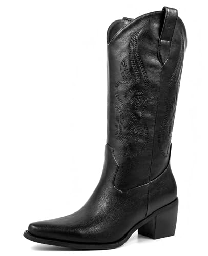 Pasuot Cowboystiefel für Damen – Cowgirl-Westernstiefel mit Stickerei, spitzer Zehenbereich, Retro, klobiger Absatz, Schlupfschuh, modisch, klassisch, kurze Stiefel, Schwarz, 9.5 von Pasuot