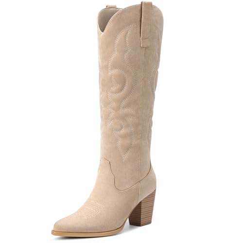 Pasuot Kniehohe Cowboystiefel für Damen, spitzer Zehenbereich, klobige High Heels, zum Überziehen, bestickt, Westernstiefel, weite Wade, Cowgirl, beige, 38.5 EU Pasuot Kniehohe Cowboystiefel für Damen, spitzer Zehenbereich, klobige High Heels, zum Überziehen, bestickt, Westernstiefel, weite Wade, Cowgirl, beige, 38.5 EU von Pasuot