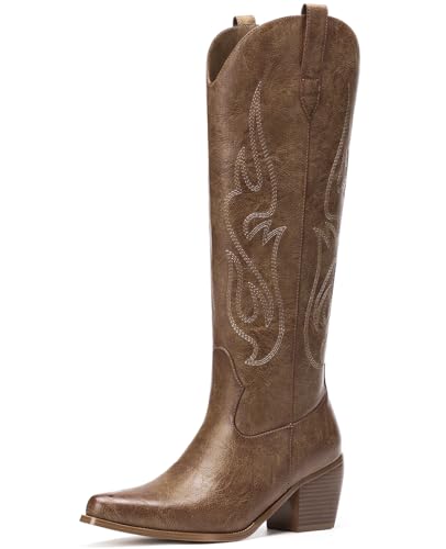 Pasuot Western-Cowboystiefel für Damen, kniehoch, breite Wade, Cowgirl-Stiefel mit klassischer Stickerei, zum Hineinschlüpfen, spitzer Zehenbereich, modischer Retro-Stil, klassischer Schlupfstiefel Pasuot Western-Cowboystiefel für Damen, kniehoch, breite Wade, Cowgirl-Stiefel mit klassischer Stickerei, zum Hineinschlüpfen, spitzer Zehenbereich, modischer Retro-Stil, klassischer Schlupfstiefel von Pasuot