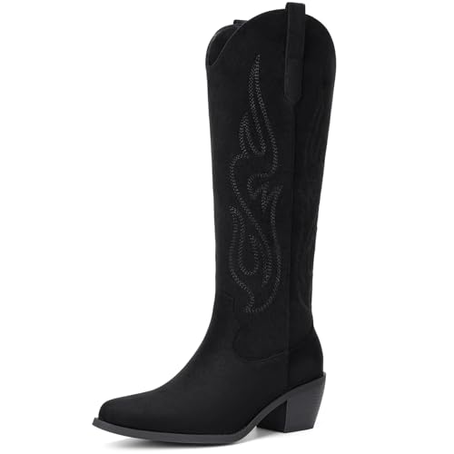 Pasuot Western-Cowboystiefel für Damen, kniehoch, breite Wade, Cowgirl-Stiefel mit klassischer Stickerei, zum Hineinschlüpfen, spitzer Zehenbereich, modischer Retro-Stil, klassischer Schlupfstiefel von Pasuot