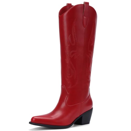 Pasuot Western-Cowboystiefel für Damen, kniehoch, breite Wade, Cowgirl-Stiefel mit klassischer Stickerei, zum Hineinschlüpfen, spitzer Zehenbereich, modischer Retro-Stil, klassischer Schlupfstiefel Pasuot Western-Cowboystiefel für Damen, kniehoch, breite Wade, Cowgirl-Stiefel mit klassischer Stickerei, zum Hineinschlüpfen, spitzer Zehenbereich, modischer Retro-Stil, klassischer Schlupfstiefel von Pasuot