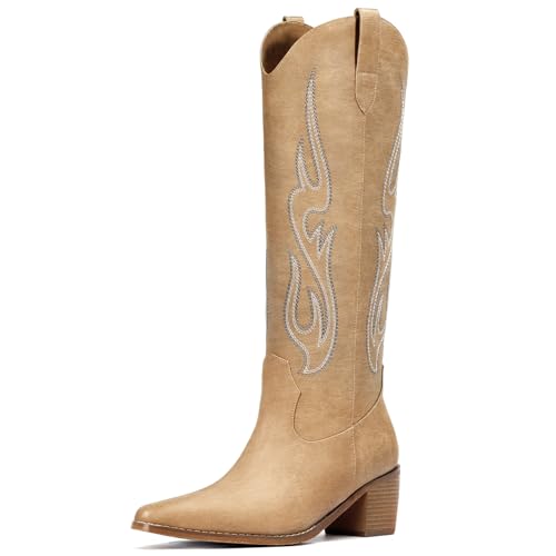 Pasuot Western-Cowboystiefel für Damen, kniehoch, breite Wade, Cowgirl-Stiefel mit klassischer Stickerei, zum Hineinschlüpfen, spitzer Zehenbereich, modischer Retro-Stil, klassischer Schlupfstiefel Pasuot Western-Cowboystiefel für Damen, kniehoch, breite Wade, Cowgirl-Stiefel mit klassischer Stickerei, zum Hineinschlüpfen, spitzer Zehenbereich, modischer Retro-Stil, klassischer Schlupfstiefel von Pasuot